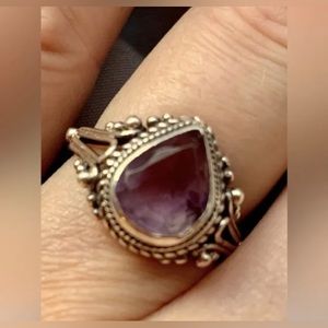 Antique Sterling Silver Filigree Ring with Pear Shaped Amethyst, Size 5